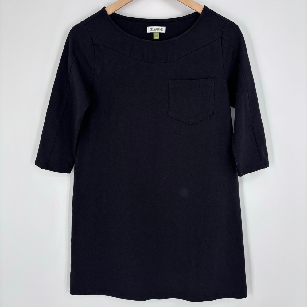 Celandine Cotton 3/4 Sleeve Pocket Shift T-Shirt Mini Dress Womens XS Black